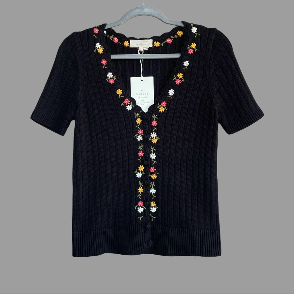 SEZANE NWT Black Floral Embroidered Short Sleeve Ribbed Knit Iliana Cardigan - Picture 3 of 13